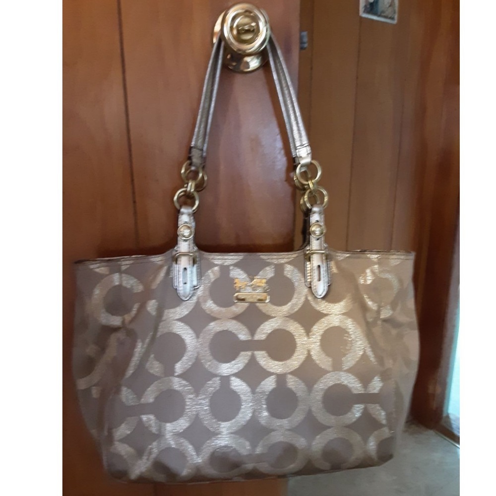MATCHING SET Coach Madison Op Art Metallic Tote Bag and Wallet Champagne Gold